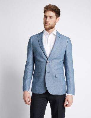 Blue Linen Cotton Mix Tailored Fit Jacket